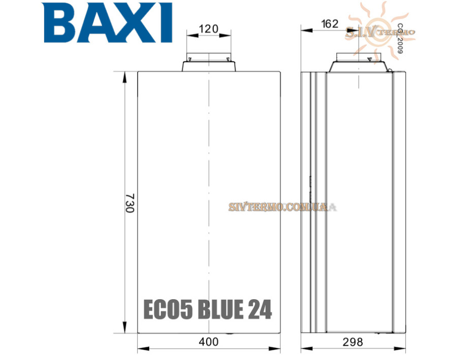 Настінний котел BAXI ECO5 BLUE 24 кВт ✓ Два роздільні теплообмінники ✓ Два контури ✓ Відкрита камера згоряння ✓ Низькотемпературний ✓ II2H3P ✓ Рівень захисту від вологи IPX5D ✓ Італія