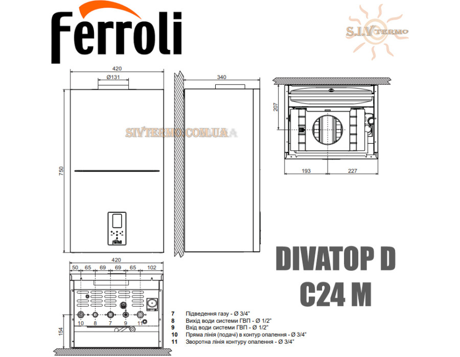 Настенный газовый котел Ferroli DIVATOP D C24 M ☼ Открытая камера сгорания ☼ Wi-Fi управления ☼ Два раздельных теплообменника ☼ Италия