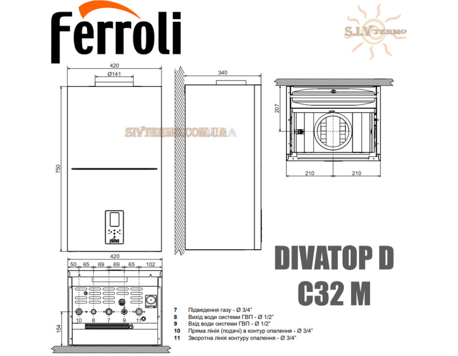 Настенный газовый котел Ferroli DIVATOP D C32 M ☼ Открытая камера сгорания ☼ Wi-Fi управления ☼ Два раздельных теплообменника ☼ Италия