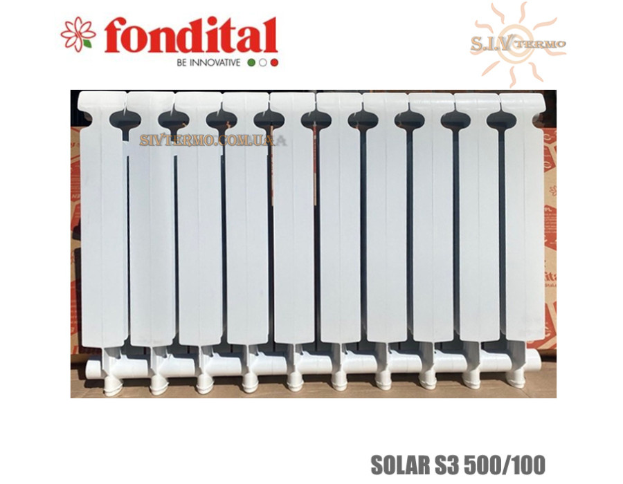Батарея алюмінієва 10 секцій ✓ FONDITAL SOLAR S3 500 ✓ Білий ✓ Робочий тиск: 16 бар ✓ Глибина секції 100 мм ✓ Підключення бічне ✓ Fondital ✓ Італія