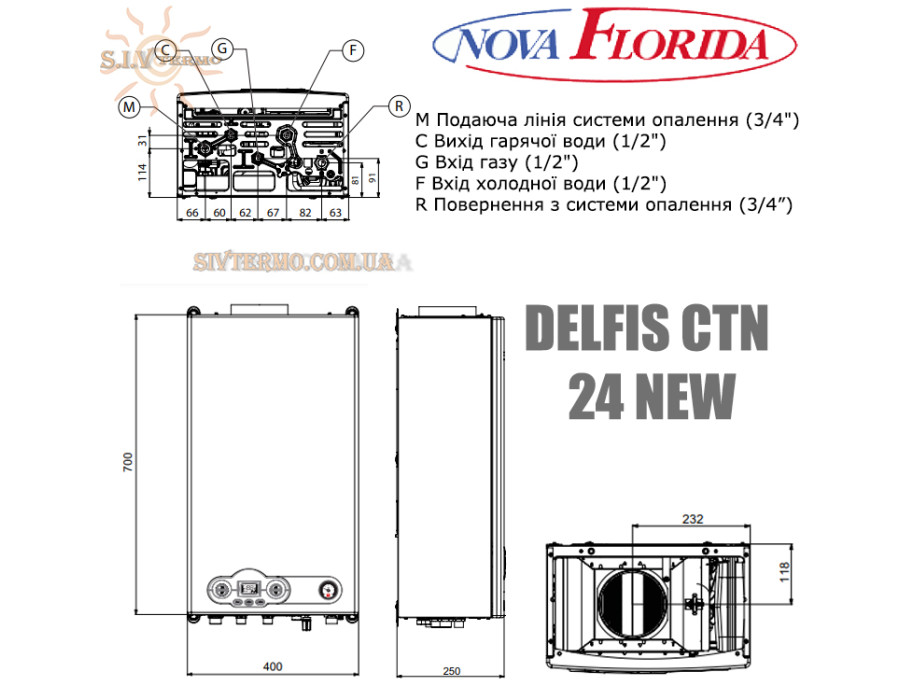 Настенный газовый котел Nova Florida DELFIS CTN 24 NEW ☼ Открытая камера сгорания ☼ Глубина всего 250 мм ☼ Два раздельных теплообменника ☼ Италия