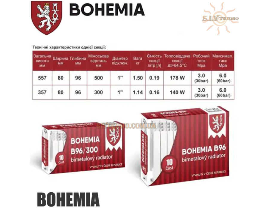 Биметаллический радиатор отопления Bohemia B96 500/96 ✓ Глубина секции 96 мм ✓ Белый ✓ Чехия-Китай