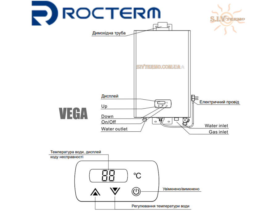 Газова колонка Rocterm ✓ VEGA 20-10K3CG ✓ Закрита камера згоряння ✓ Коаксіальна труба 90/60 в комплекті ✓ Робота від мережі 220 В ✓ Китай