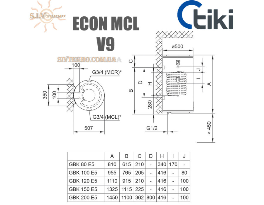 Водонагрівач непрямого нагріву Тікі ☼ GBK 100 E5 ☼ Econ MC R 100 V9 ☼ Об'єм 92,5 літрів ☼ Сухий ТЕН ☼ Підключення зправа ☼ 2000 Вт ☼ Сербія