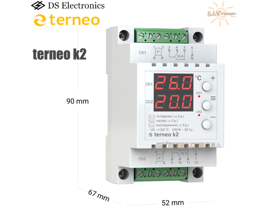 Terneo k2 ✔ Цифровой ✔ Для больших мощностей ✔ 2*16А ✔ Для теплого пола ✔ На DIN-рейке ✔ Тернео Украина
