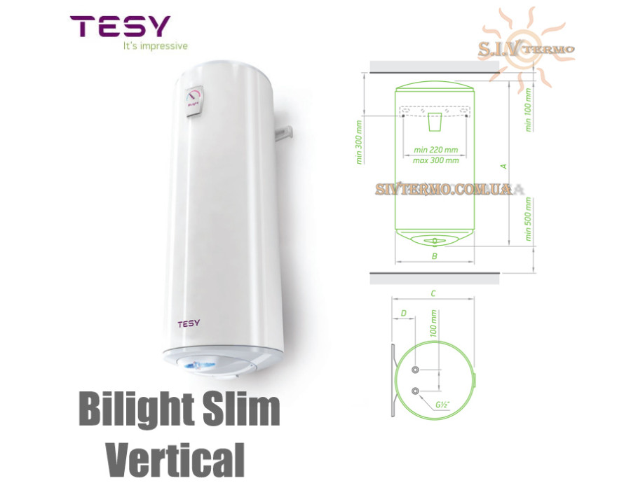 Бойлер TESY ☼ GCV 803520 B11 TSR ☼ Обсяг 80 літрів ☼ Серія Bilight Slim Vertical ☼ Накопичувальний ☼ Навісний ☼ 2000 Вт ☼ Болгарія