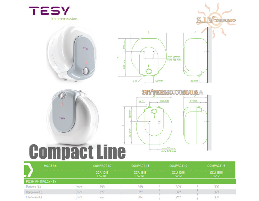 Накопичувальний бойлер TESY ☼ Під мийкою ☼ Compact Line ☼ GCU 1015 L52 RC ☼ 10 літрів ☼ Виробництво Болгарія