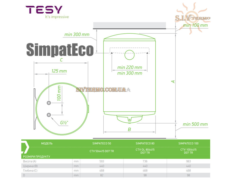 Бойлер TESY ☼ CTV OL 504415 D07 TR ☼ Объем 50 литров ☼ Серия SimpatEco ☼ Медный ТЭН ☼ Вертикальный ☼ 1500 Вт ☼ Болгария