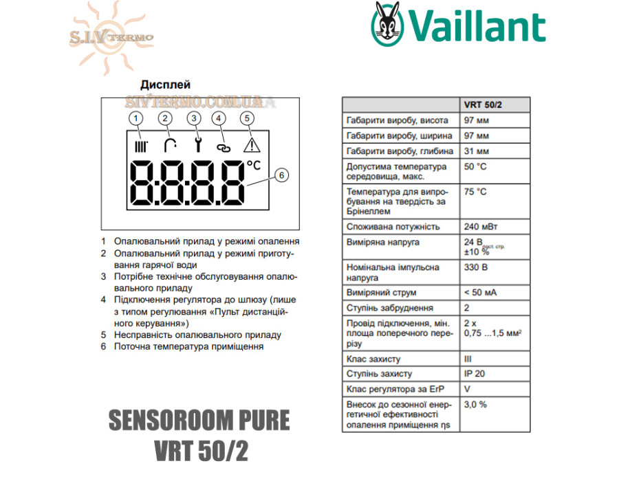 Термостатический регулятор Vaillant sensoROOM pure VRT 50/2 ✔ Коммуникационная шина eBus ✔ Жидкокристаллический дисплей ✓ Германия - Словакия