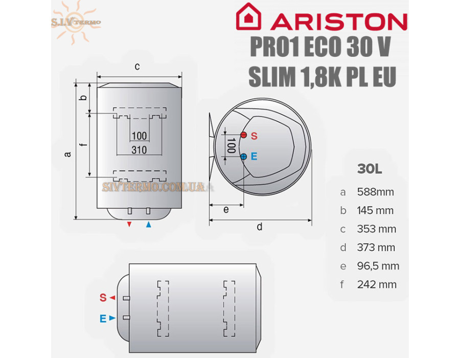 Бойлер Арістон ☼ PRO1 ECO 30 V SLIM 1,8K PL EU ☼ Об'єм 30 літрів ☼ Слім ☼ Вертикальна ☼ Круглий ☼ 1800 Вт ☼ Італія