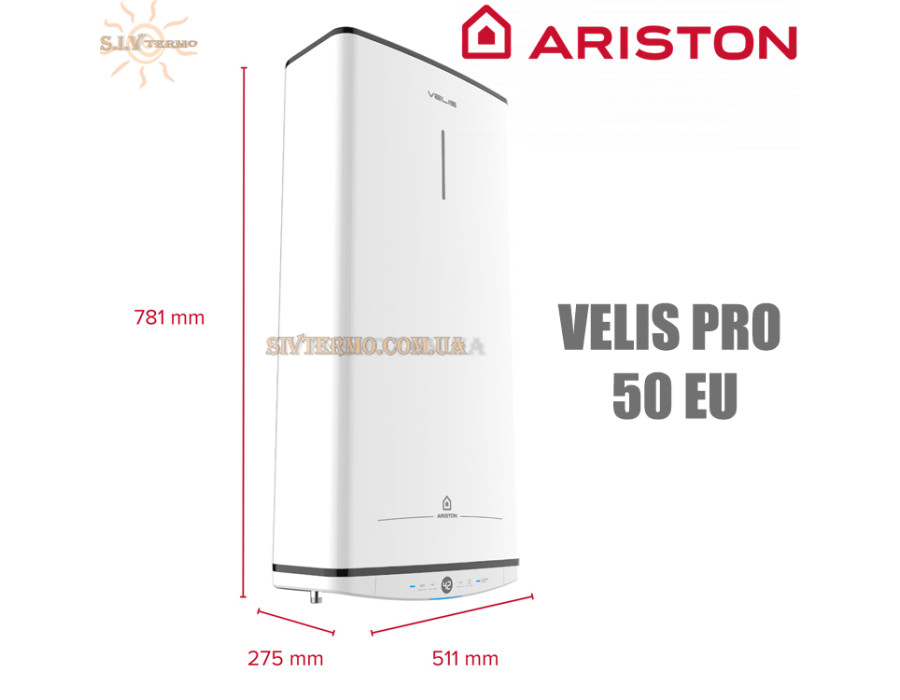 Бойлер Аристон ☼ VELIS PRO 50 EU ☼ 45 литров ☼ Эмалированый ТЭН ☼ Вертикальный/горизонтальный ☼ Плоский ☼ 3000 Вт ☼ Италия