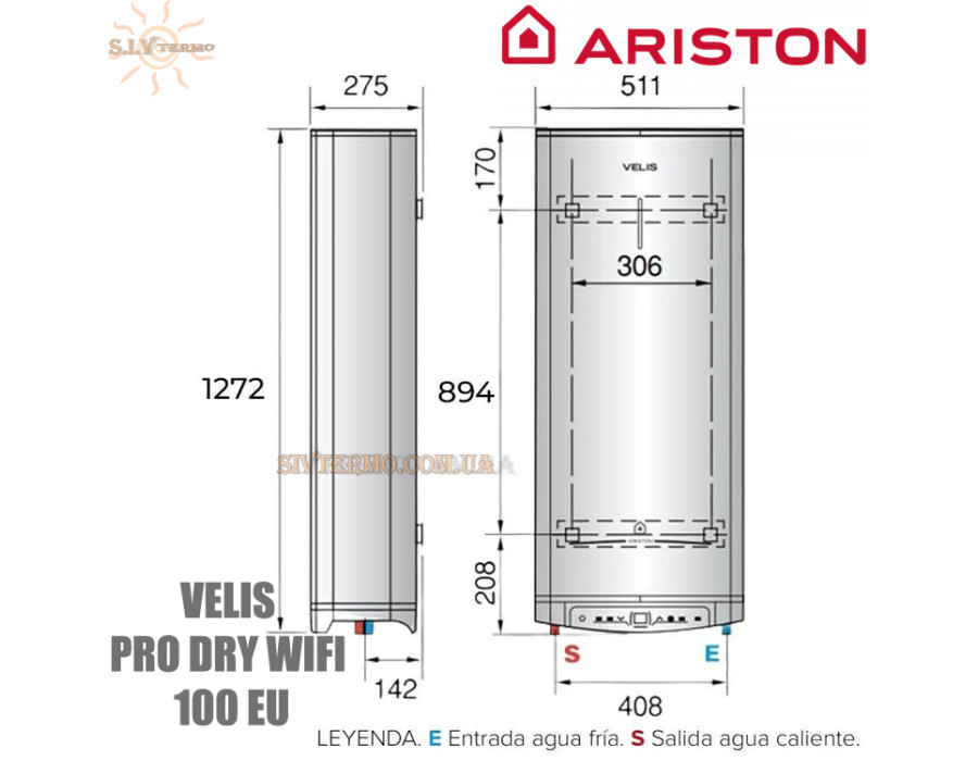 Бойлер Аристон ☼ VELIS PRO DRY WIFI 100 EU ☼ 80 литров ☼ Wi-Fi ☼ Сухой ТЭН ☼ Вертикальный/горизонтальный ☼ Плоский ☼ 3000 Вт ☼ Италия