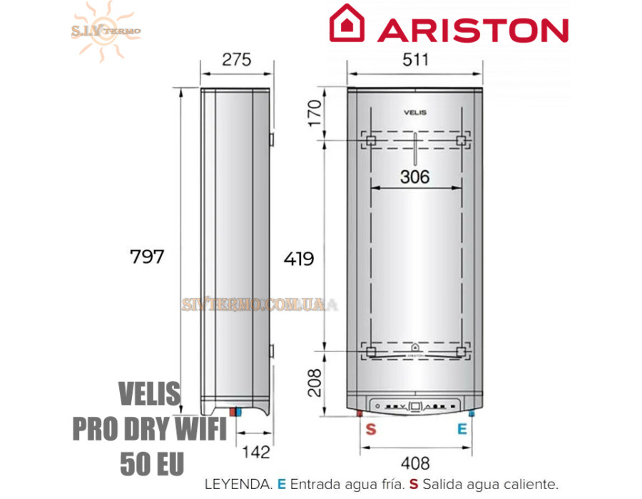 Бойлер Аристон ☼ VELIS PRO DRY WIFI 50 EU ☼ 45 литров ☼ Wi-Fi ☼ Сухой ТЭН ☼ Вертикальный/горизонтальный ☼ Плоский ☼ 3000 Вт ☼ Италия