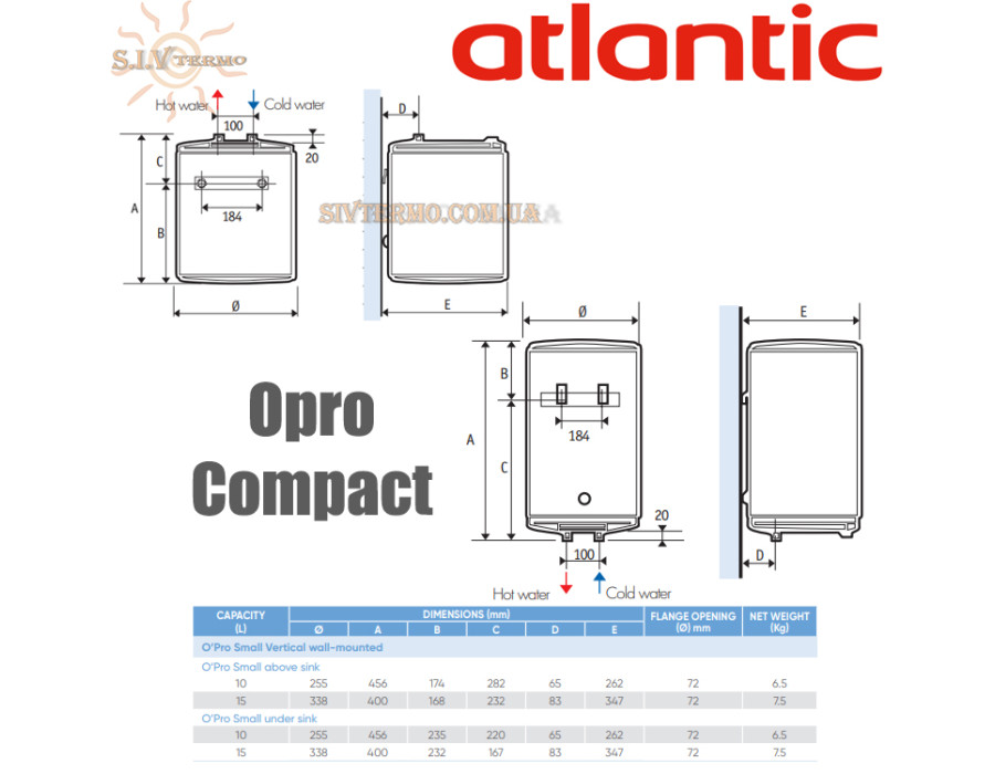 Бойлер Atlantic Opro Compact ✓ Установка над мойкой ✓ Объем бака 15 литров ✓ Мокрый ТЭН ✓ Форма призмы ✓ Накопительный ✓ Вертикальный ✓ Таиланд - Украина 