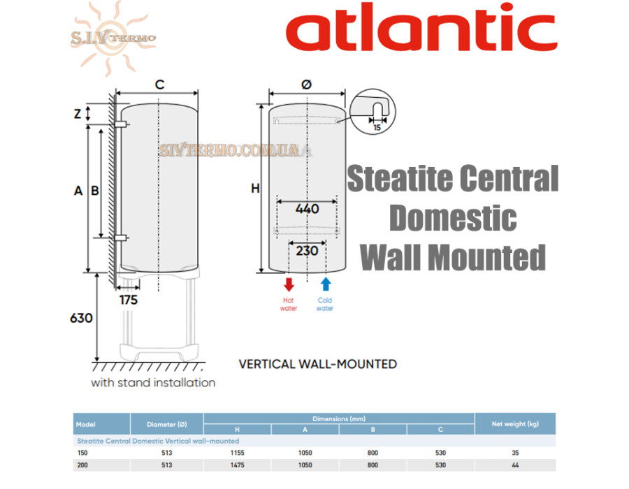 Бойлер Atlantic Steatite Central Domestic Wall Mounted 150 ✓ ES-VM150ME-S (1800W) ✓ Обсяг 150 літрів ✓ Накопичувальний ✓ Навісний ✓ Єгипет - Україна
