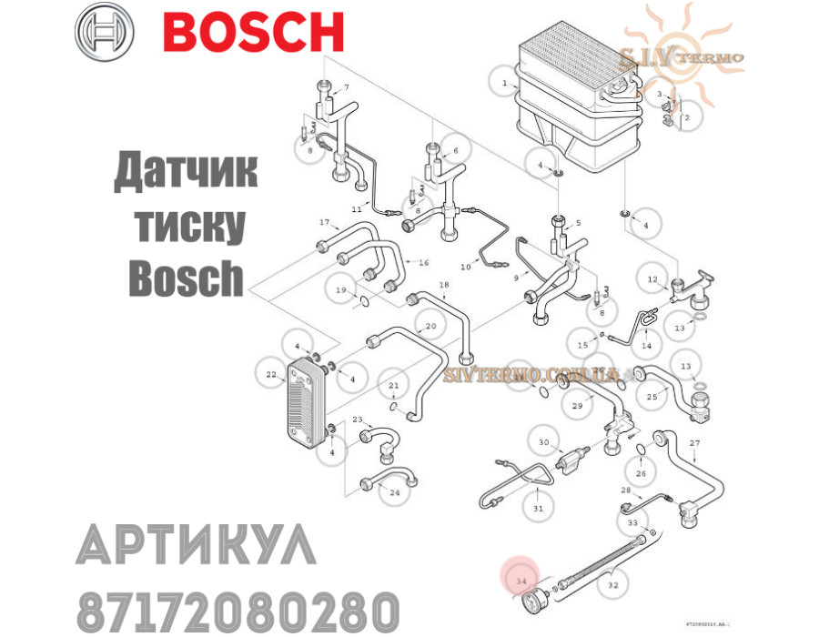Манометр для газового котла ✓ Junkers: серії Eurostar, Appliance, Novatherm ✓ Bosch Eurostar ✓ 87172080280 ✓ Запасні частини ✓ Німеччина