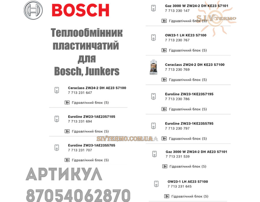 Пластинчатий теплообмінник ✓ Junkers Appliance, Ceraclass, Euroline, Bosch Gas 3000 W ✓ 87054062870 ✓ Запасні частини ✓ Німеччина - Болгарія