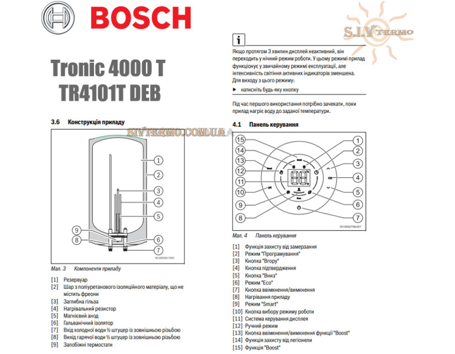 Електричний бойлер Bosch ☼ Tronic 4000 т ☼ 30 літрів ☼ Сухий ТЕН ☼ 1500 Вт ☼ Вузький ☼ Вертикальна установка ☼ Болгарія