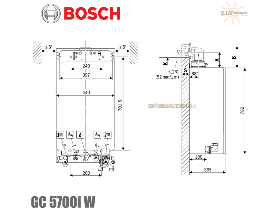 Настінний котел Bosch Condens GC5700iW 24 P ✓ Колір білий ✓ Модуляція до 1: 10 ✓ Одноконтурний ✓ Конденсаційний