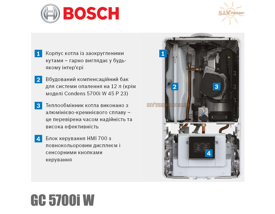 Настінний котел Bosch Condens GC5700iW 24 P ✓ Колір білий ✓ Модуляція до 1: 10 ✓ Одноконтурний ✓ Конденсаційний