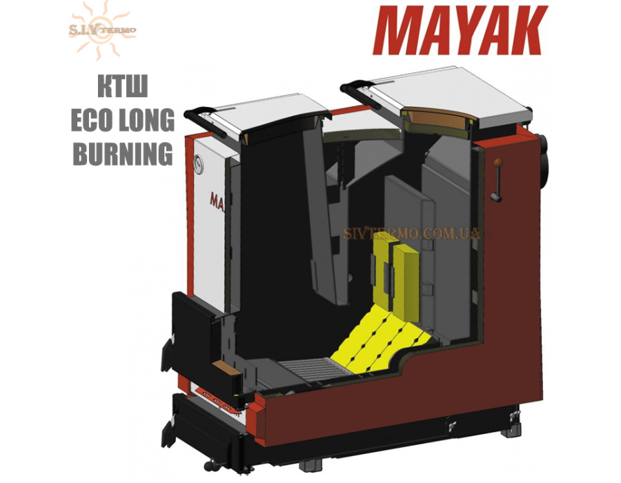 Шахтный твердотопливный котел Маяк КТШ-32 кВт ✓ Серия LONG BURNING ✓ Стальной 6 мм ✓ Топливо ОСНОВНОЕ: брикети ✓ Работает без электричества ✓ Маяк Змиев