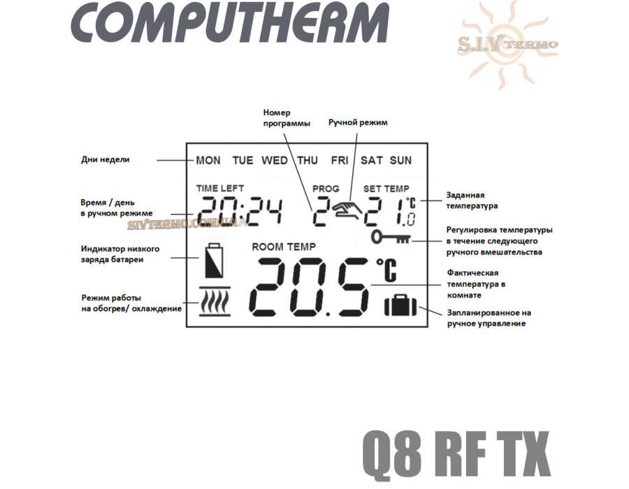 Беспроводной недельный терморегулятор ✓ Computherm Q8RF TX ✓ Цифровая регулировка ✓ от +10 до +30°C ✓ Точность измерения 0,2°C ✓ Напряжение 2x1.5V (тип АА) ✓ Венгрия - Китай 