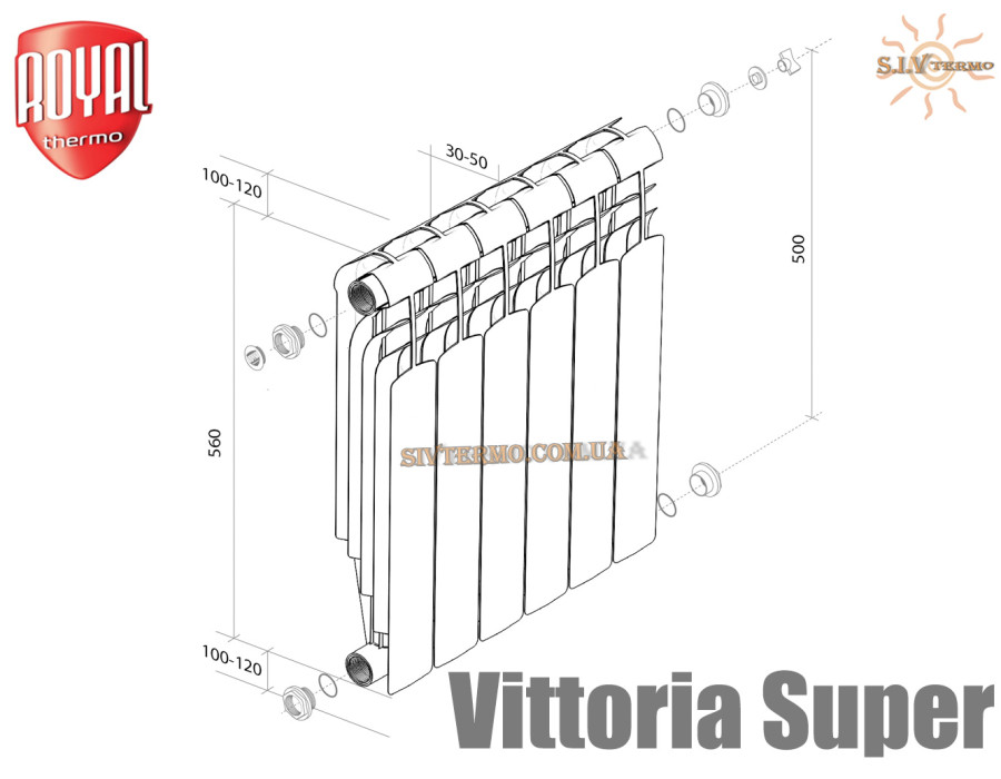 Биметаллический радиатор 10 секций ✓ Vittoria Super 500 ✓ Глубина секции 90 мм ✓ Тип подключения боковое ✓ Royal Thermo ✓ Италия