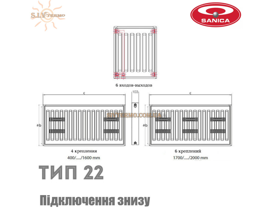 Сталевий радіатор SANICA 11 клас висота 300 довжина 700 ☼ Панельний ☼ Підключення знизу ☼ Туреччина