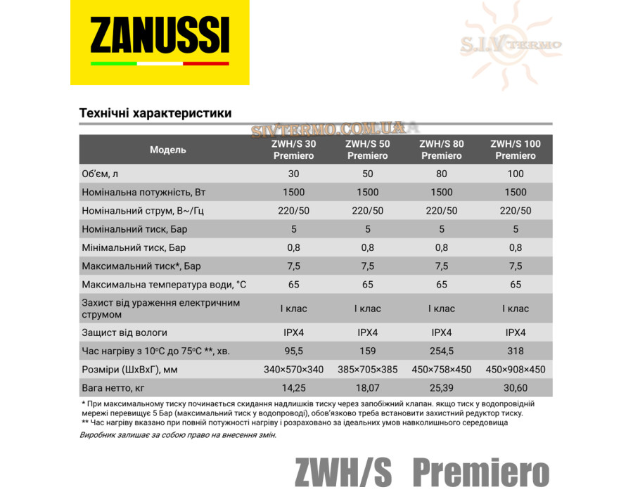 Бойлер Zanussi ZWH/S 50 Premiero ☼ Механічна регулювання ☼ Круглий ☼ Мокрий ТЕН ☼ 1500 Вт ☼ Китай